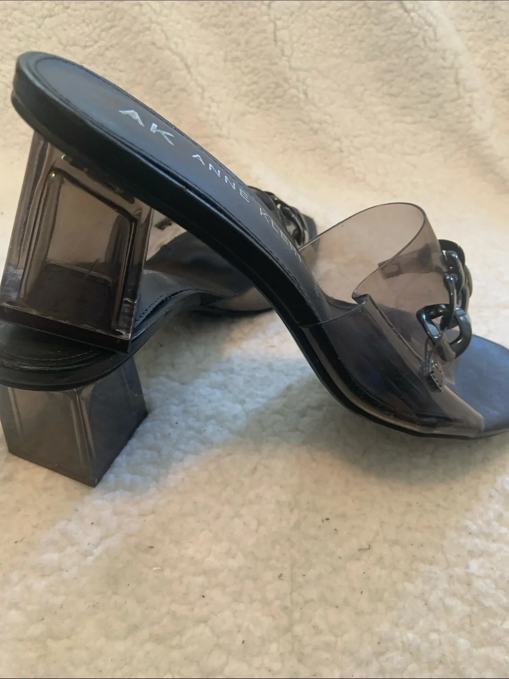 Anne Klein Black Slide Sandals with Clear Strap and Chain Accent